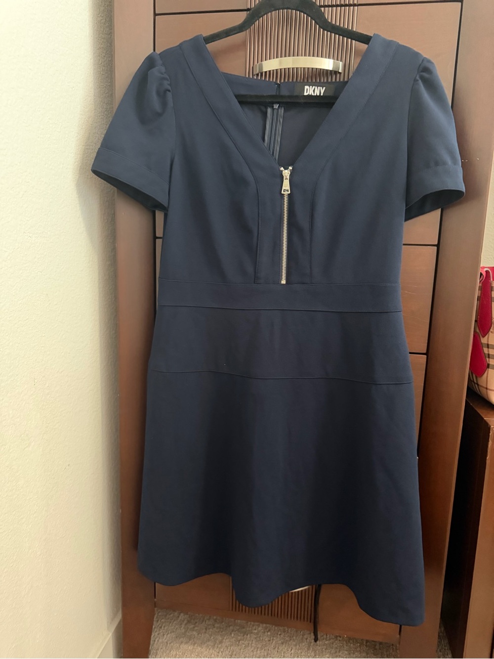 DKNY Navy V-Neck Zip Front Mini Dress